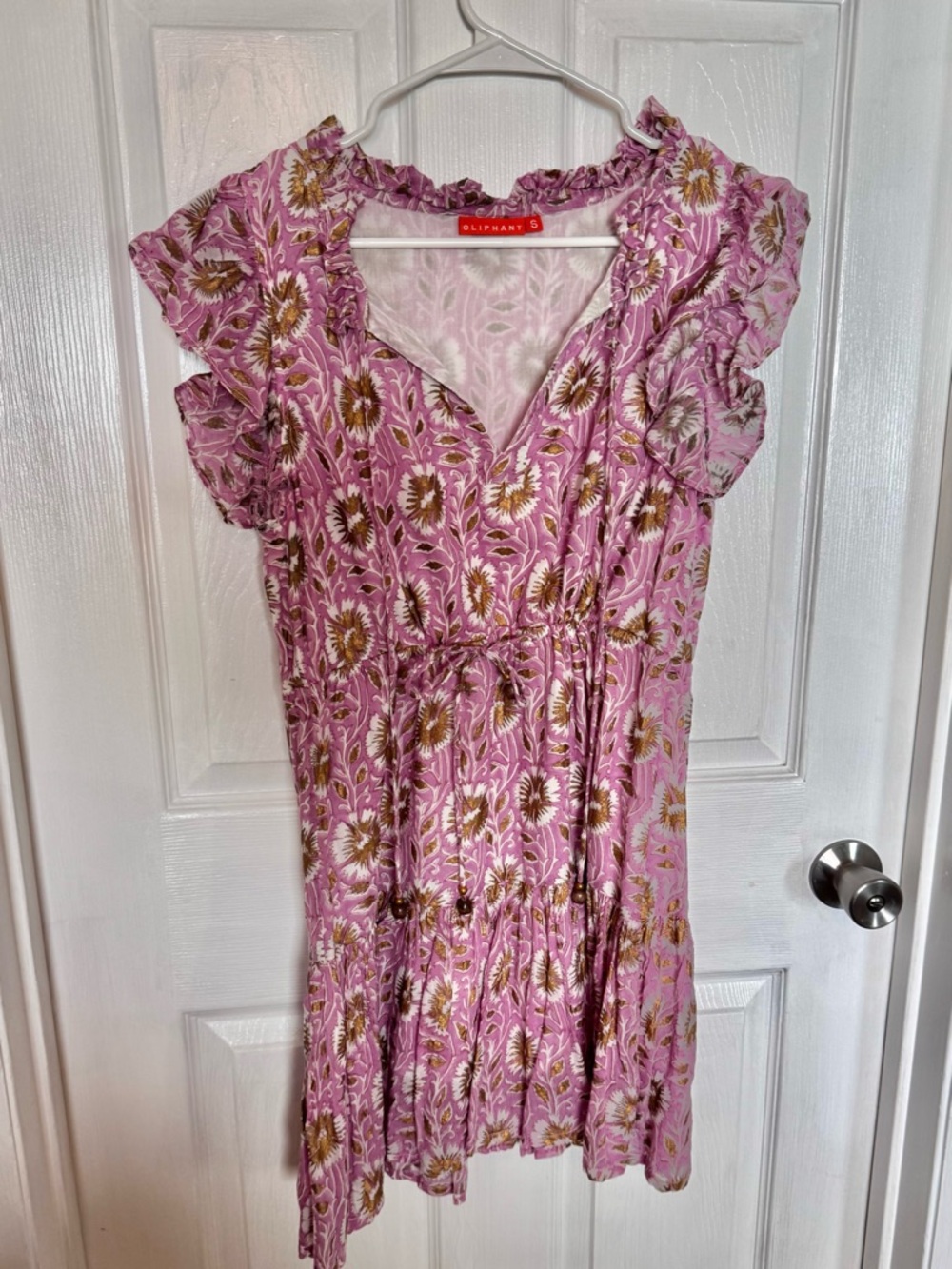 Oliphant Pink Floral Ruffle-Trim Wrap Mini Dress